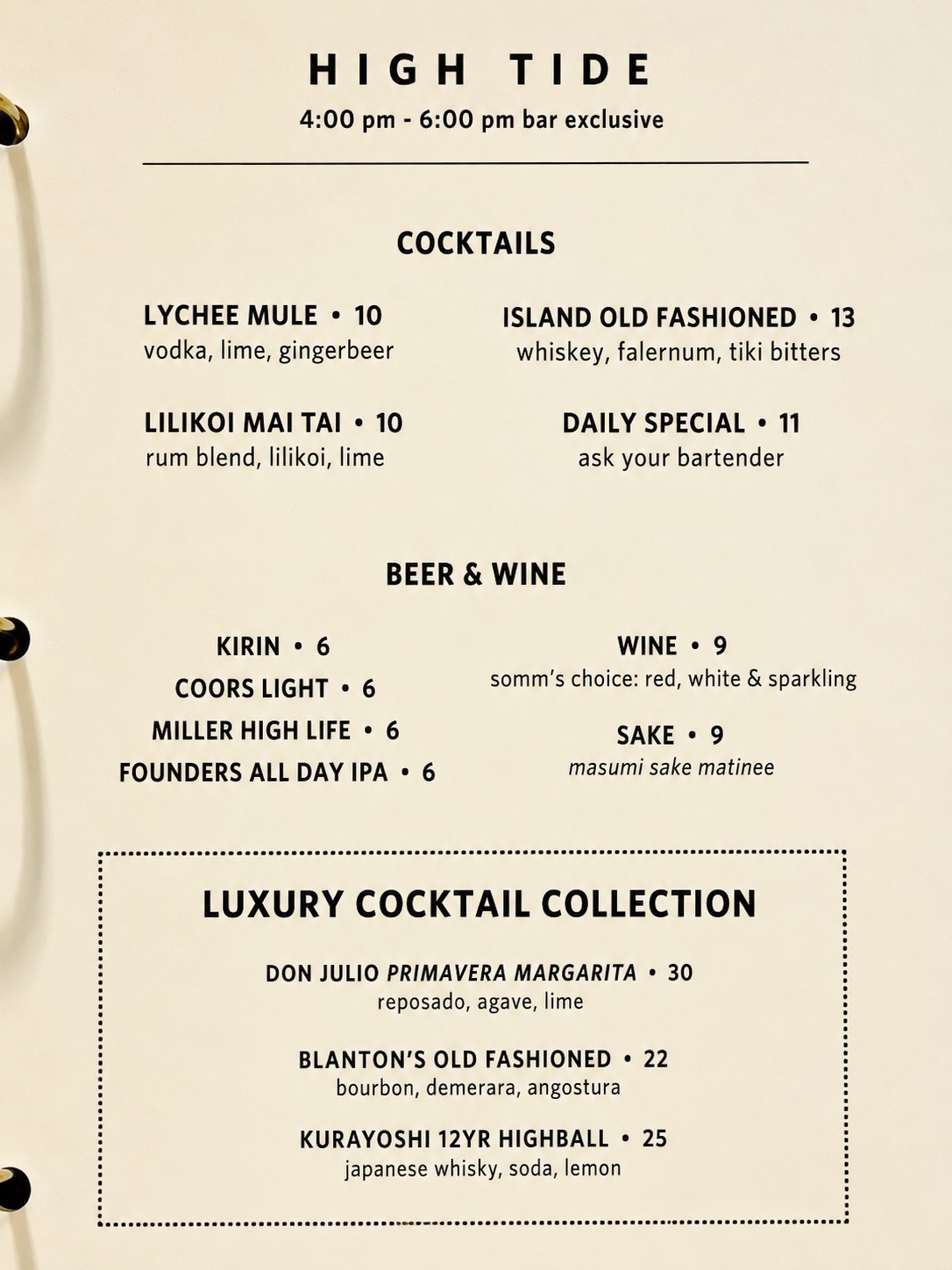 High Tide happy hour menu — cocktails, beer & wine